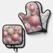 クリスマス飾り玉ピンク白（渦巻き付き） 鍋つかみ&鍋敷きセット (正面/裏面)