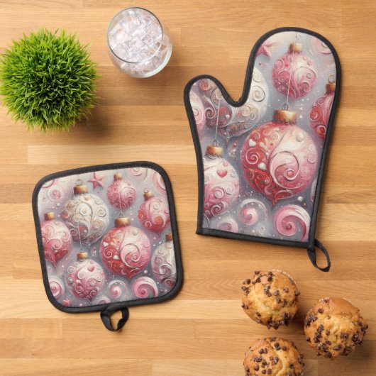 クリスマス飾り玉ピンク白（渦巻き付き） 鍋つかみ&鍋敷きセット (トップダウン)