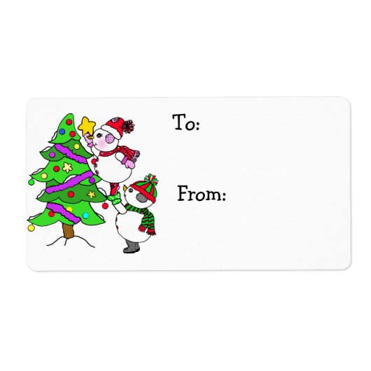 クリスマス飾雪だるまの木の向こうと向こうの ラベル (正面)