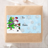 クリスマス飾雪だるまの木の向こうと向こうの ラベル (インサイチュ)