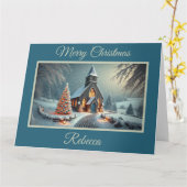 クリスマス魅力的に古い石教会 カード (黄色い花)