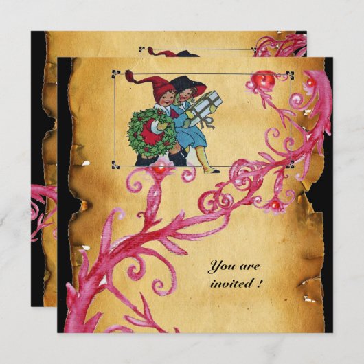 クリスマス魔法の果実と子供とギフト 招待状 (正面/裏面)