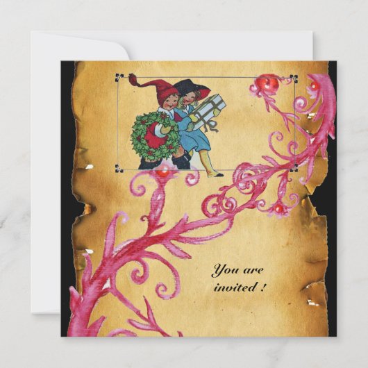 クリスマス魔法の果実と子供とギフト 招待状 (正面)