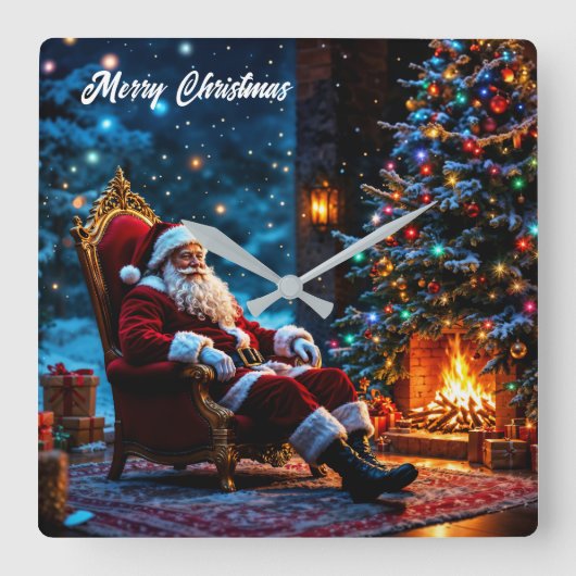 クリスマス魔法サンタクロース居心地の良い暖炉 スクエア壁時計 (正面)