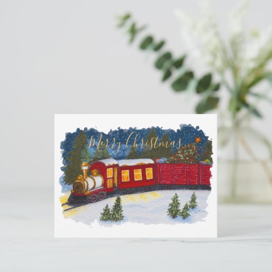 クリスマス魔法ヴィンテージ赤い蒸気列車はがき ポストカード (スタンド正面)