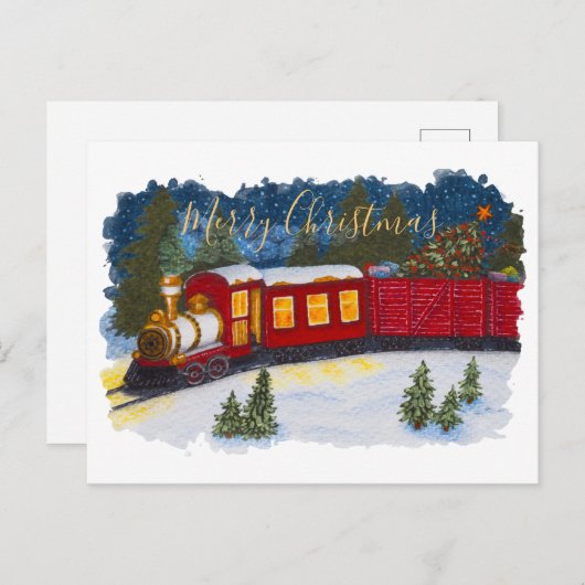 クリスマス魔法ヴィンテージ赤い蒸気列車はがき ポストカード (正面/裏面)