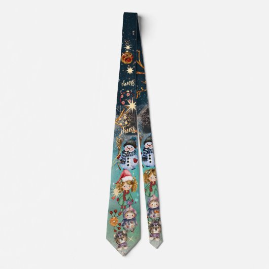 クリスマス魔法雪だるま&フレンズ青 ネクタイ (正面)