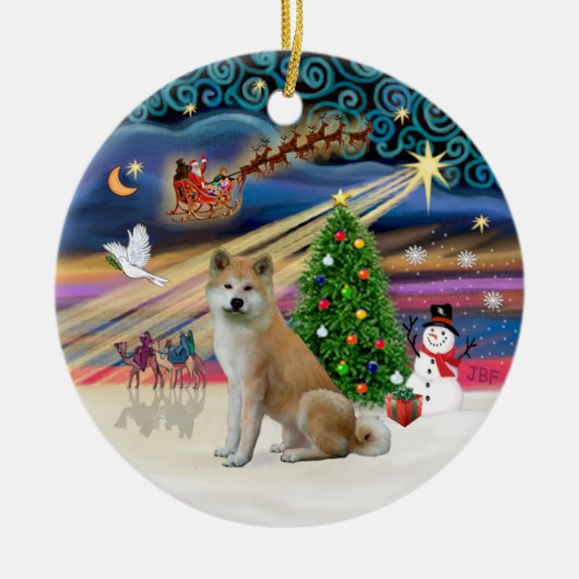クリスマス魔法 – 秋田犬 セラミックオーナメント (正面)