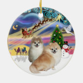 クリスマス魔法- 2つのポメラニア犬(WS+fawn) セラミックオーナメント (裏面)