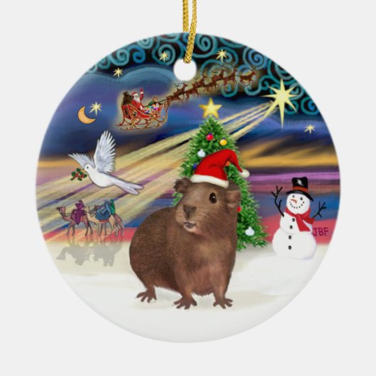 クリスマス魔法- Brown Guinea Pig (Santa hat) セラミックオーナメント (正面)