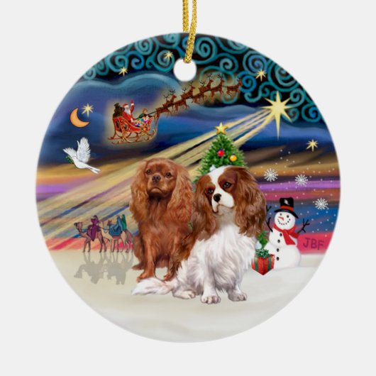 クリスマス魔法- Cavaliers (two-Ruby-Blenheim) セラミックオーナメント (正面)