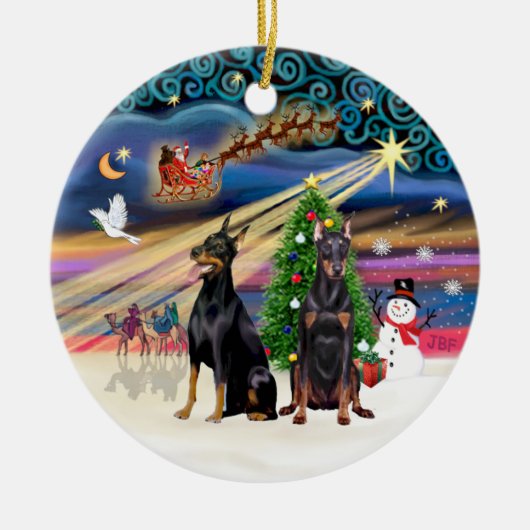 クリスマス魔法- Dobermans (2) セラミックオーナメント (正面)