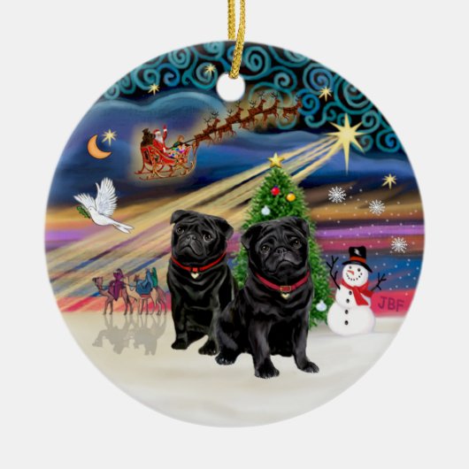 クリスマス魔法- Pugs (TWO black) セラミックオーナメント (正面)