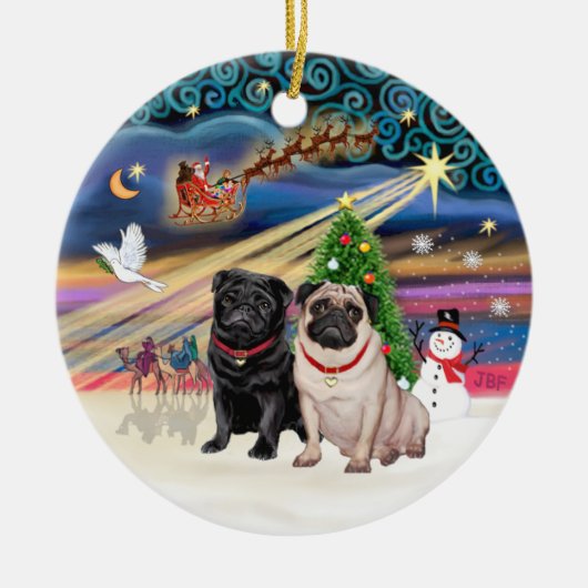 クリスマス魔法- Pugs (TWO-FAWN+black) セラミックオーナメント (正面)