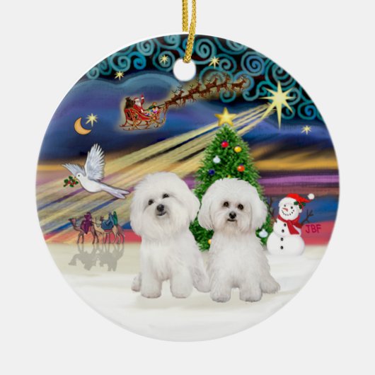 クリスマス魔法- Two Bichon Frise セラミックオーナメント (正面)