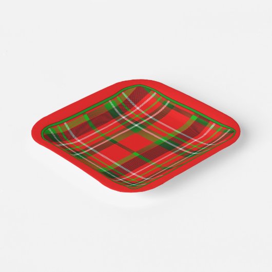 クリスマス鮮やかな赤い緑の幾何学的タータンチェックパターン ペーパープレート (傾斜あり)