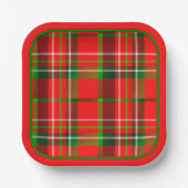 クリスマス鮮やかな赤い緑の幾何学的タータンチェックパターン ペーパープレート (正面)