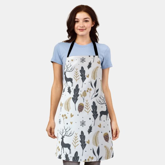 クリスマス鹿と葉の喜びの挨拶コレクション エプロン (着用した状態)