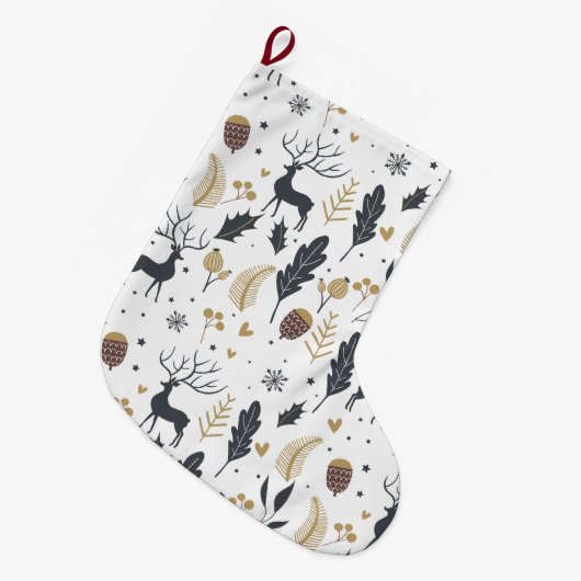 クリスマス鹿と葉の喜びの挨拶コレクション ラージクリスマスストッキング (正面 (吊り時))