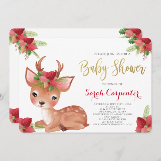 クリスマス鹿の赤ちゃんシャワー 招待状 (正面/裏面)