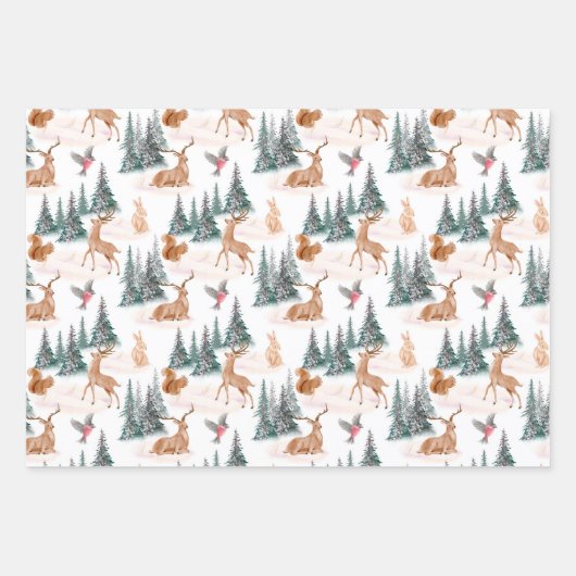 クリスマス鹿の野生動物ウサギのリス ラッピングペーパーシート (正面3)