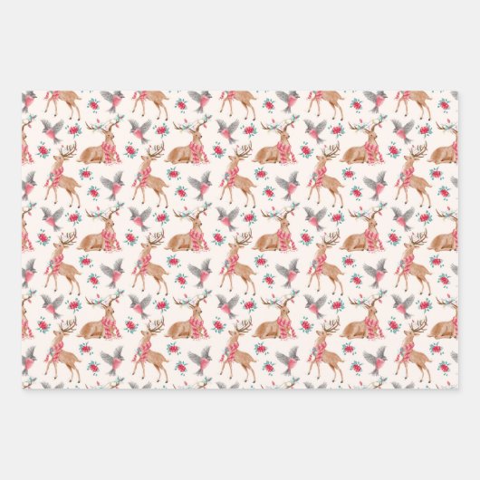 クリスマス鹿の野生動物ウサギのリス ラッピングペーパーシート (正面)