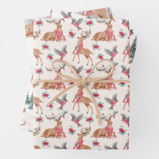 クリスマス鹿の野生動物ウサギのリス ラッピングペーパーシート (インサイチュ)