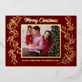 クリスマス３家族写真葉っぱアート 箔シーズンカード