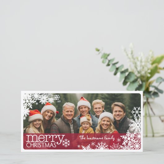 クリスマス1の写真 – 雪片で覆われた シーズンカード (スタンド正面)