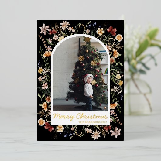 クリスマス1フォトアーチ植物学フローラ実在金ゴールド 箔シーズンカード (立ち正面)