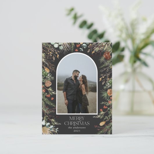 クリスマス1フォトアーチ水彩植物フローラ シーズンポストカード (スタンド正面)