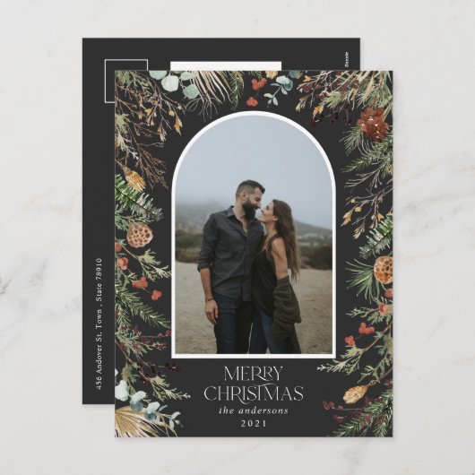 クリスマス1フォトアーチ水彩植物フローラ シーズンポストカード (正面/裏面)