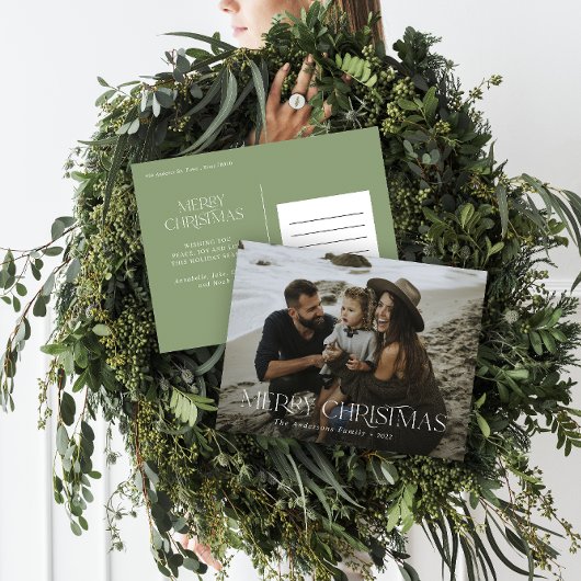 クリスマス1フォトセージ緑モダンタイポグラフィ ポストカード