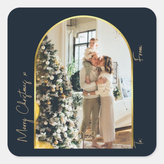 クリスマス1写真アーチファミリーメリークリスマス スクエアシール (正面)