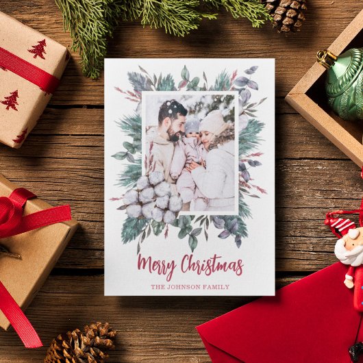 クリスマス1写真水彩木綿花の冬 シーズンカード