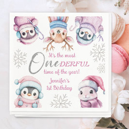 クリスマス1回目の誕生日かわいいピンクの冬の動物 スタンダードカクテルナプキン