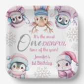 クリスマス1回目の誕生日かわいいピンクの冬の動物 ペーパープレート (正面)