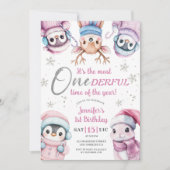 クリスマス1回目の誕生日かわいいピンクの冬の動物 招待状 (正面)