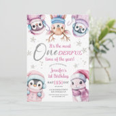 クリスマス1回目の誕生日かわいいピンクの冬の動物 招待状 (スタンド正面)