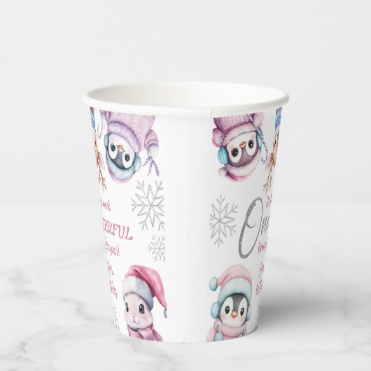 クリスマス1回目の誕生日かわいいピンクの冬の動物 紙コップ (右)