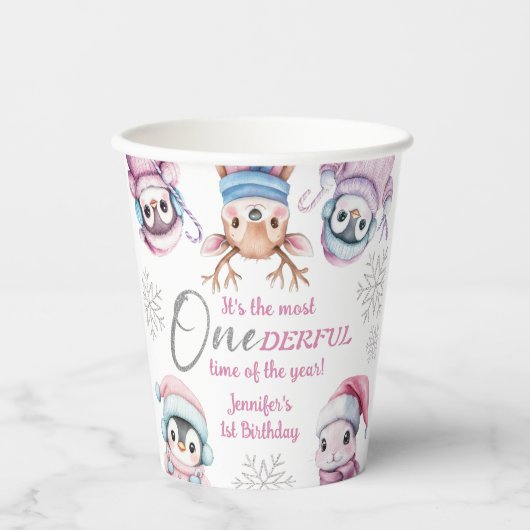 クリスマス1回目の誕生日かわいいピンクの冬の動物 紙コップ (正面)