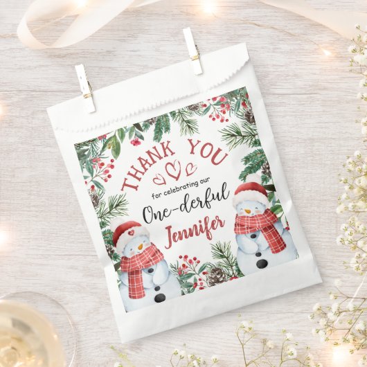 クリスマス1回目の誕生日かわいい冬の雪だるま フェイバーバッグ (クリップ留めされた状態)