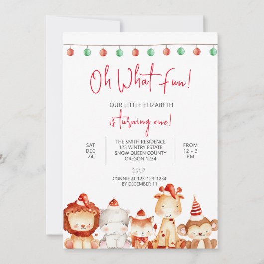 クリスマス1回目の誕生日,動物のパーティー,サンタ 招待状 (正面)