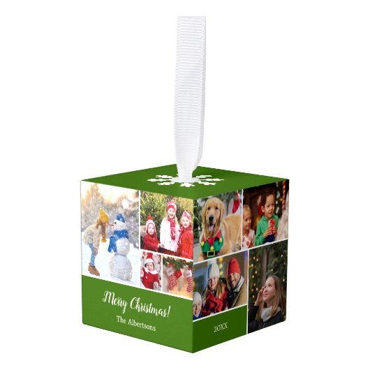 クリスマス15写真コラージュと家族の名前グリーン キューブオーナメント (正面アングル)
