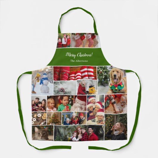 クリスマス17フォトコラージュと家族の名前グリーン エプロン (正面)