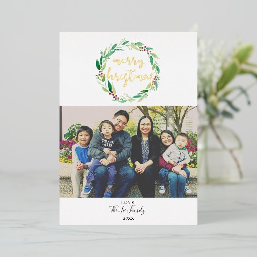 クリスマス1 フォト ウォーターカラー リース おしゃれ 箔シーズンカード (立ち正面)