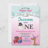 クリスマス1th誕生日パーティーサンタ雪だるまガールズ 招待状 (正面)