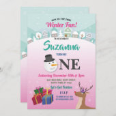 クリスマス1th誕生日パーティーサンタ雪だるまガールズ 招待状 (正面/裏面)