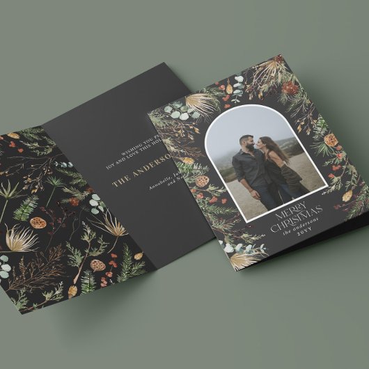 クリスマス2フォトアーチ水彩植物フローラ シーズンカード