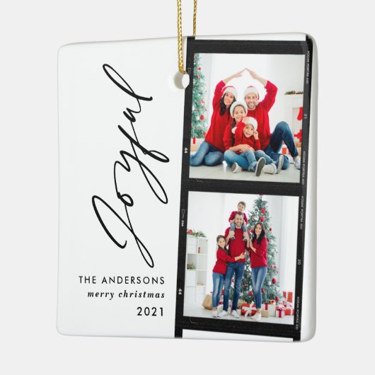 クリスマス2フォトコラージュタイポグラフィモダンブルー セラミックオーナメント (左)